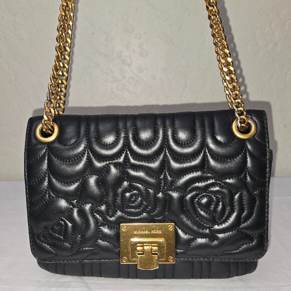 Michael Kors Handbags - Michael Kors Vivianne Black Floral Quilted Leather Gold Chain Strap Shoulder Bag